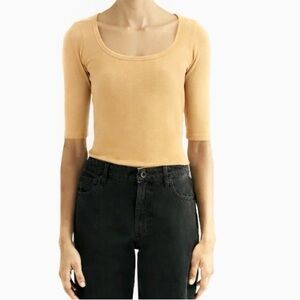 Everlane Pima Cotton Luxe Half Sleeve Ribbed Scoop Neck White Peach Top M